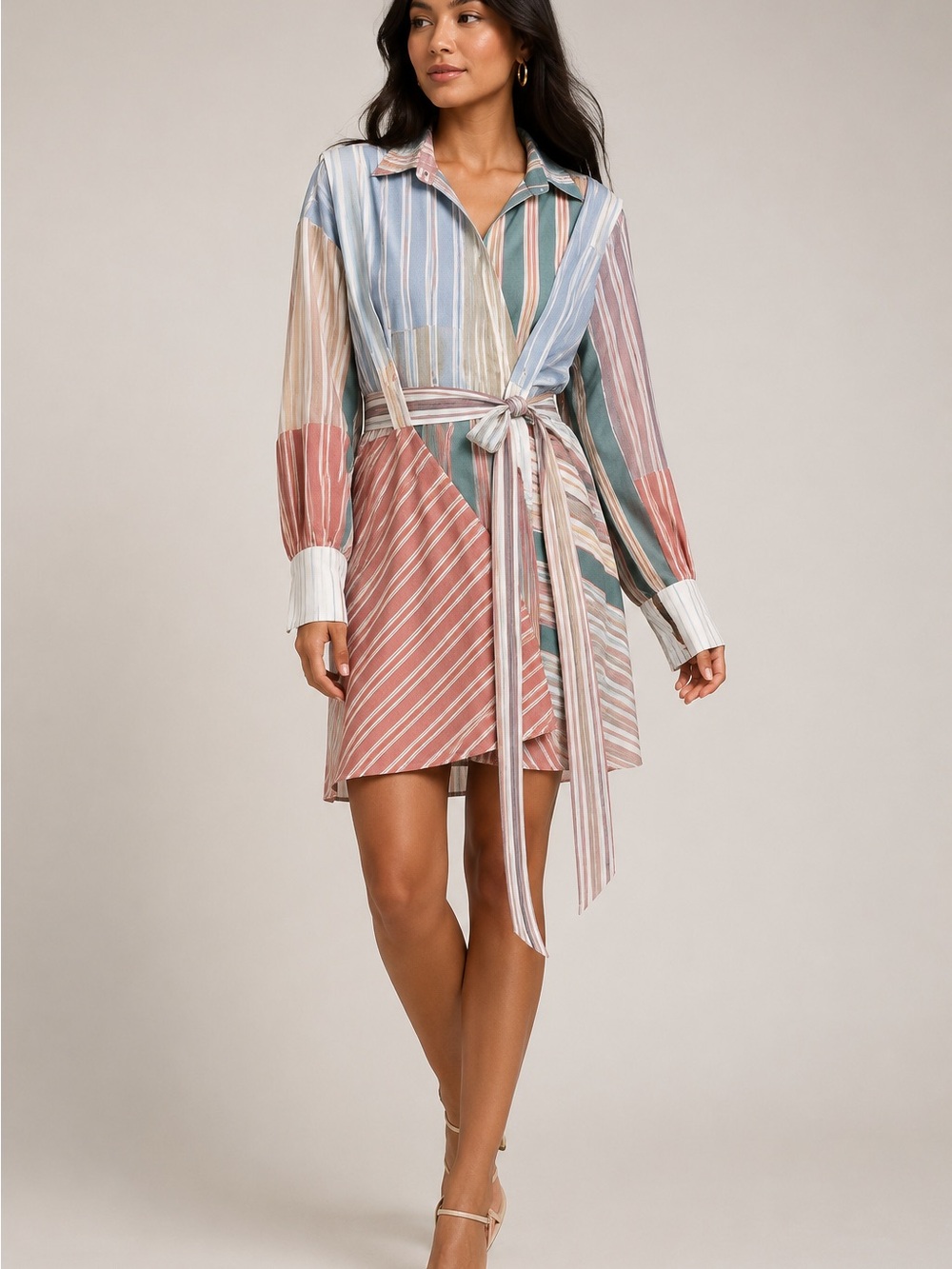 Striped Multi-Color Tie-Waist Mini Shirt Dress